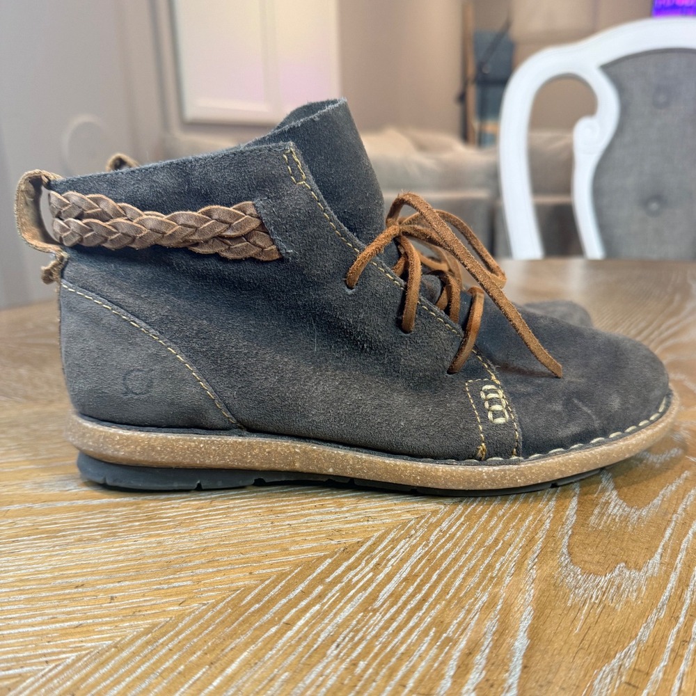 Born Temple Grey Suede Braided Ankle Boots Lace Up Flat Booties Women's Size 9